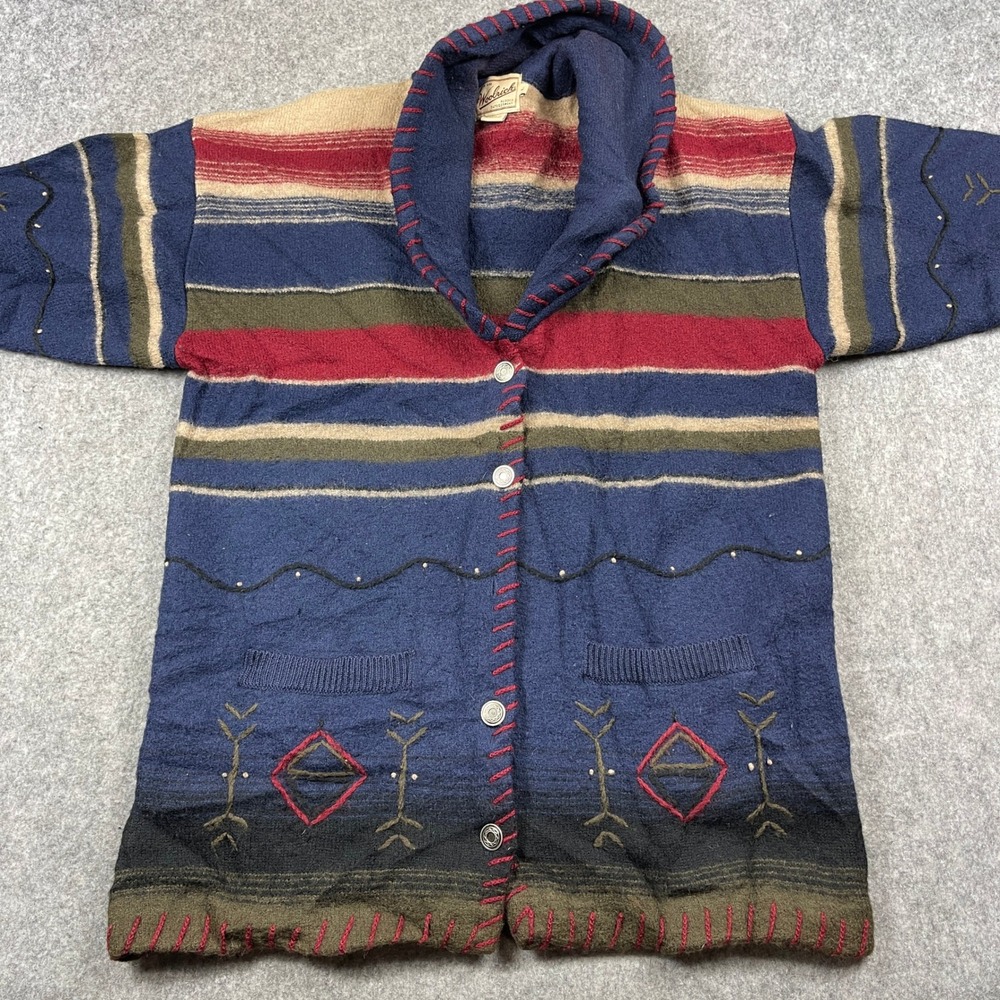 VTG Woolrich Wool Cardigan Sweater Womens Large Aztec Striped Button Front *Read